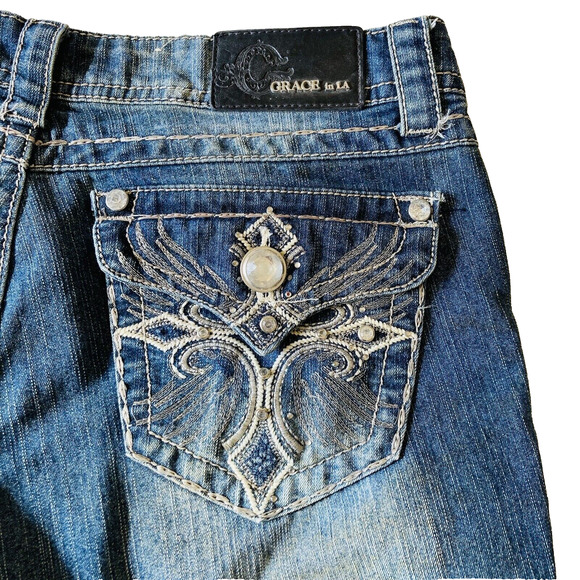 Grace In LA Jeans Embellished Distressed Boot Cut - Tag 29 - Measures 32 - Picture 1 of 15